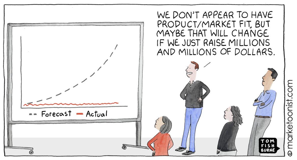 Tom Fishburne cartoon: "We don't appear to have product/market fit, but maybe that will change if we just raise millions and millions of dollars." A forecast curve shoots up while the actual line stays flat.