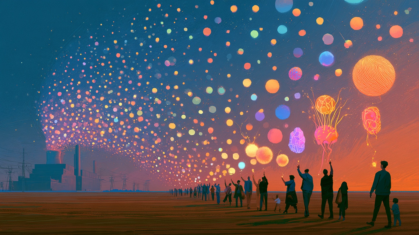 Silhouetted people on a plain release thousands of glowing, differently shaped orbs into the sky, away from a distant power plant