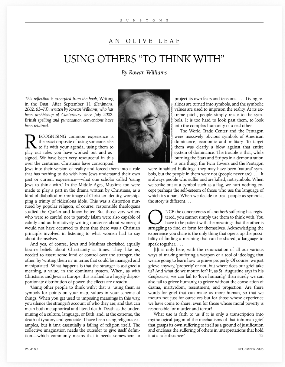 Sunstone, December 2006, p. 80 — "Using Others 'To Think With'" by Rowan Williams