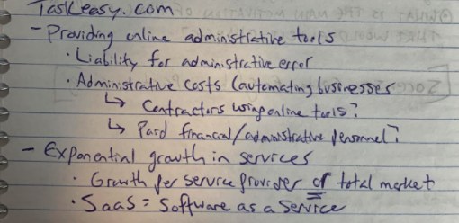 A handwritten notebook page breaking down a company: what it does, its costs, and how it grows.