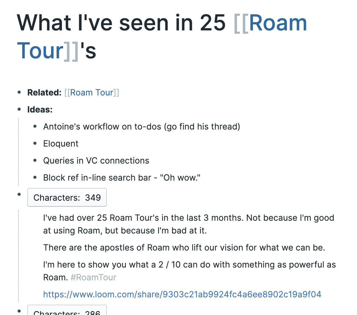 Drafting every Twitter thread in Roam first, using the character-count component