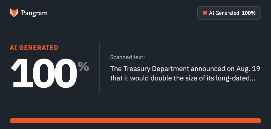 Pangram detector card on the quoted Archie Hall post: 'AI Generated 100%' on the Druckenmiller Treasury statement