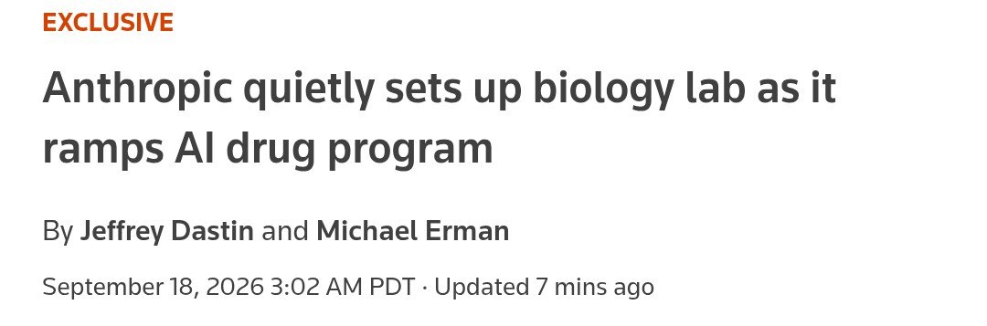 Reuters exclusive header — Anthropic quietly sets up biology lab as it ramps AI drug program