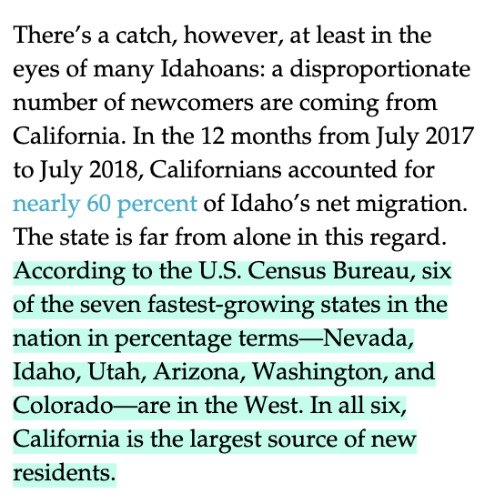Article excerpt: Californians accounted for nearly 60 percent of Idaho's net migration (Jul 2017–Jul 2018); six of the seven fastest-growing states are in the West and California is the largest source of new residents in all six