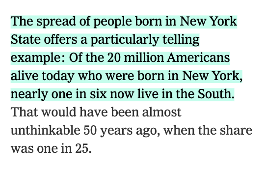 Article excerpt: of the 20 million Americans alive today born in New York, nearly one in six now live in the South (one in 25 fifty years ago)