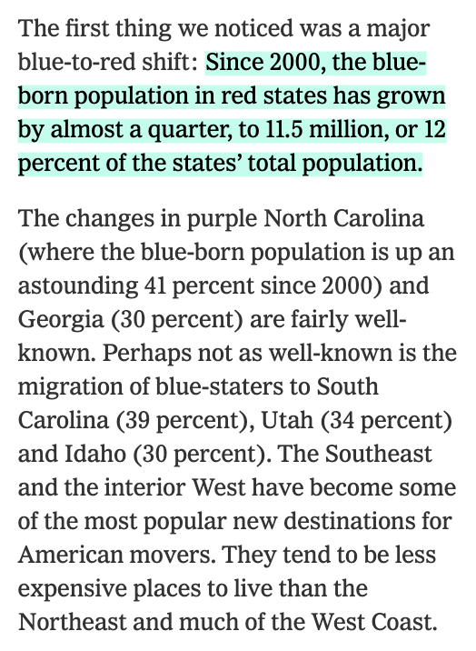 Article excerpt: since 2000 the blue-born population in red states has grown by almost a quarter to 11.5 million; North Carolina +41%, Georgia +30%, South Carolina +39%, Utah +34%, Idaho +30%